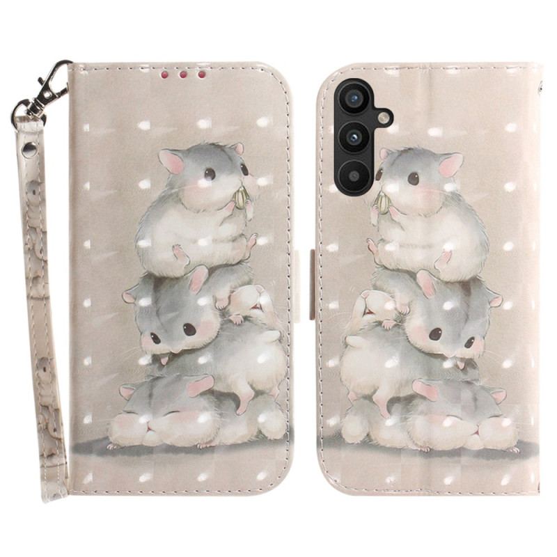 Capa De Couro Para Samsung Galaxy A54 5G De Cordão Pilha De Hamsters Em Lanyard