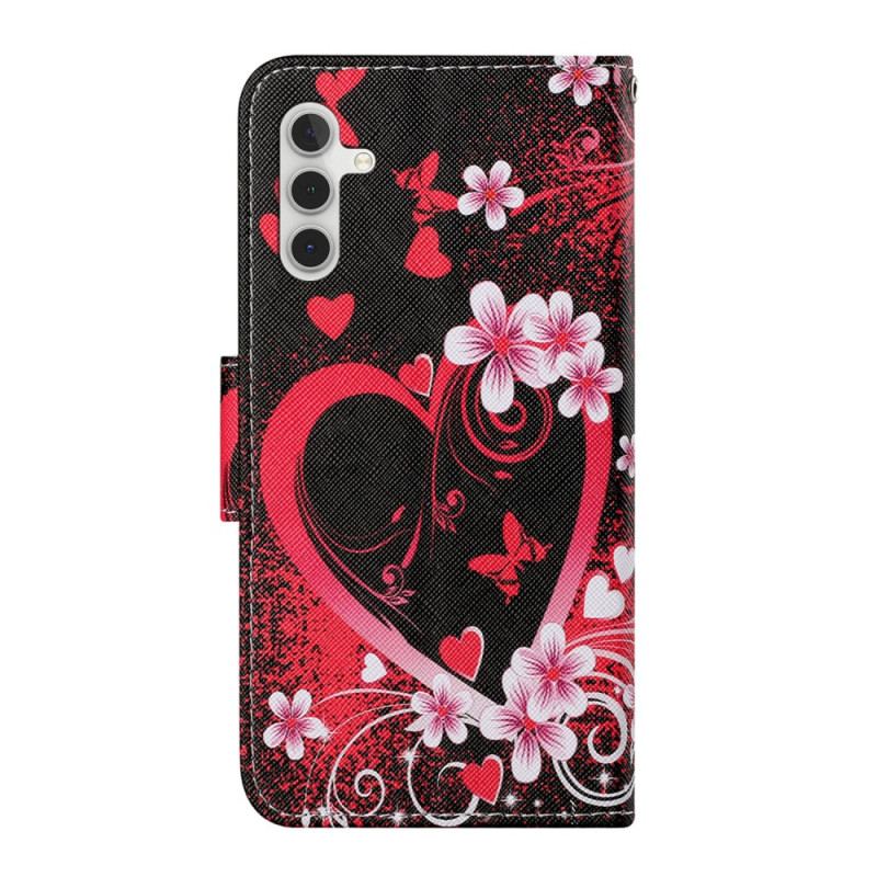 Capa De Couro Para Samsung Galaxy A54 5G Flores E Corações Com Cordão