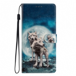 Capa De Couro Para Samsung Galaxy A54 5G Lobo Sob A Lua Com Cordão