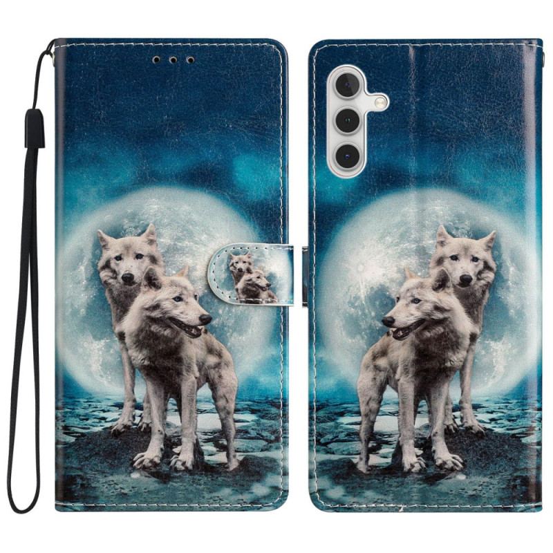 Capa De Couro Para Samsung Galaxy A54 5G Lobo Sob A Lua Com Cordão