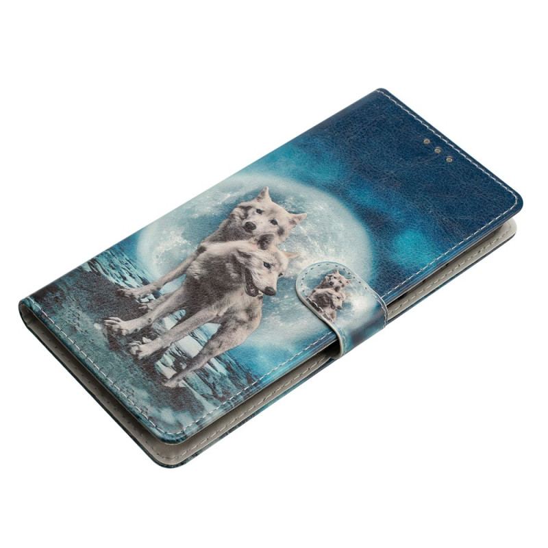 Capa De Couro Para Samsung Galaxy A54 5G Lobo Sob A Lua Com Cordão