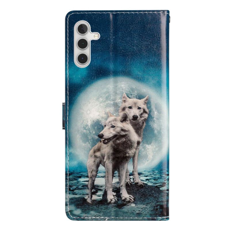 Capa De Couro Para Samsung Galaxy A54 5G Lobo Sob A Lua Com Cordão