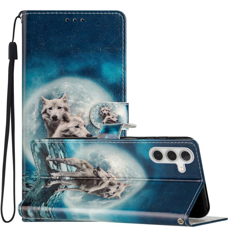 Capa De Couro Para Samsung Galaxy A54 5G Lobo Sob A Lua Com Cordão