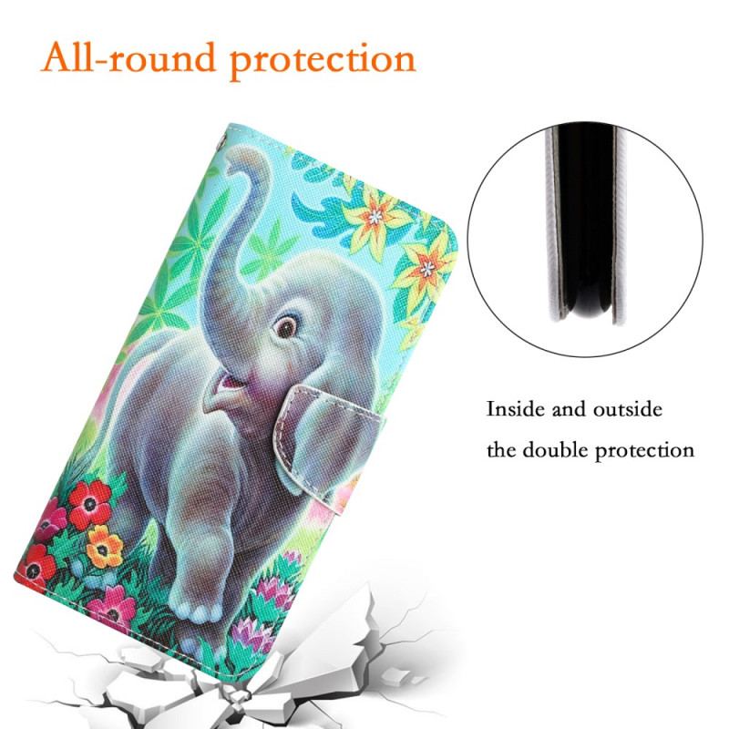 Capa Em Pele Para Samsung Galaxy A54 5G De Cordão Elefante Alegre Com Cordão