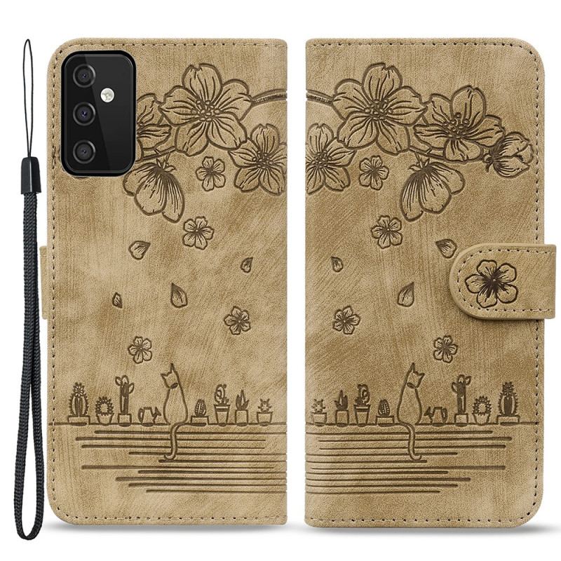 Capa Em Pele Para Samsung Galaxy A54 5G De Cordão Fio Dental Floral Gato