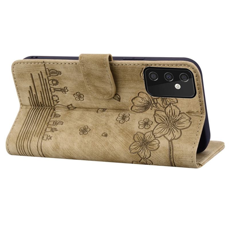 Capa Em Pele Para Samsung Galaxy A54 5G De Cordão Fio Dental Floral Gato