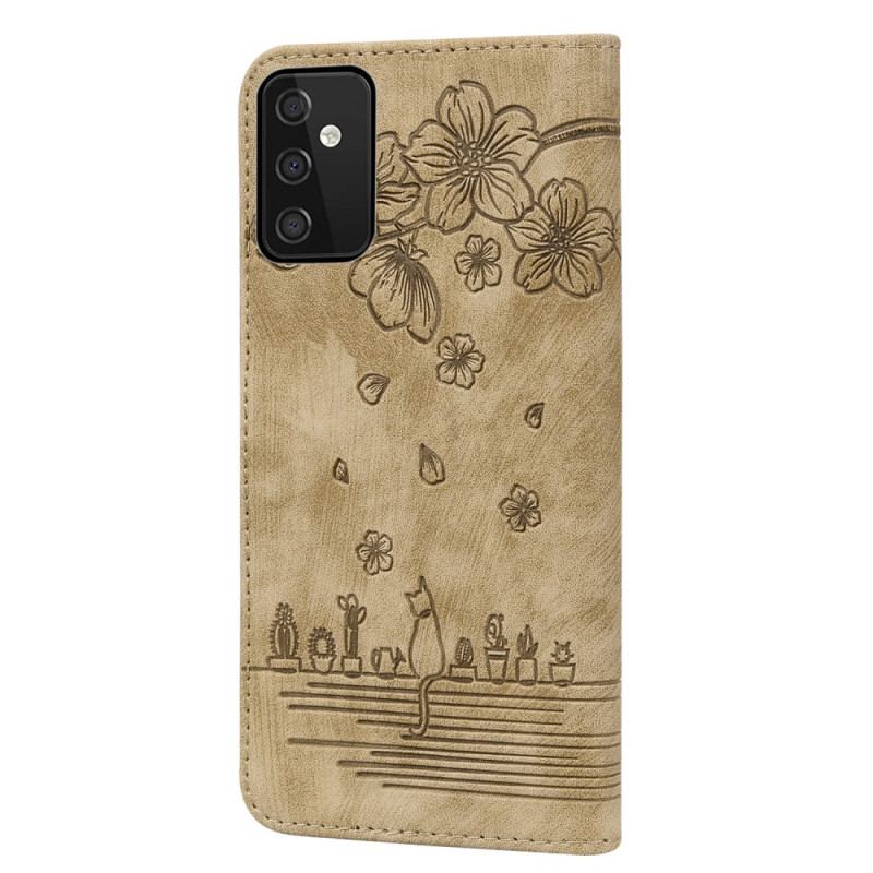 Capa Em Pele Para Samsung Galaxy A54 5G De Cordão Fio Dental Floral Gato