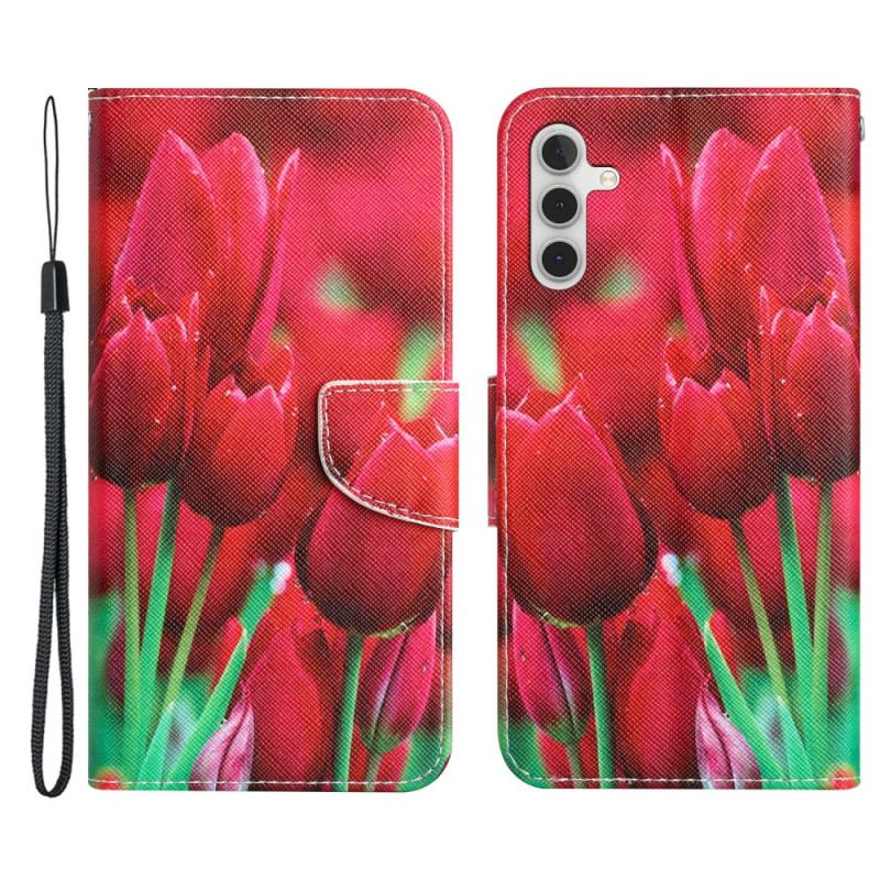 Capa Em Pele Para Samsung Galaxy A54 5G De Cordão Flores De Alça