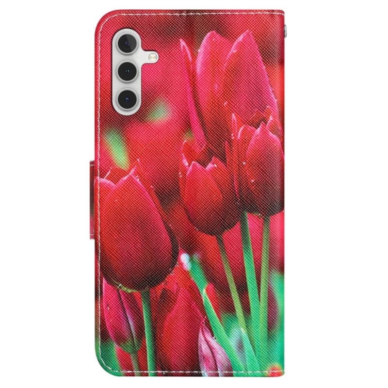 Capa Em Pele Para Samsung Galaxy A54 5G De Cordão Flores De Alça