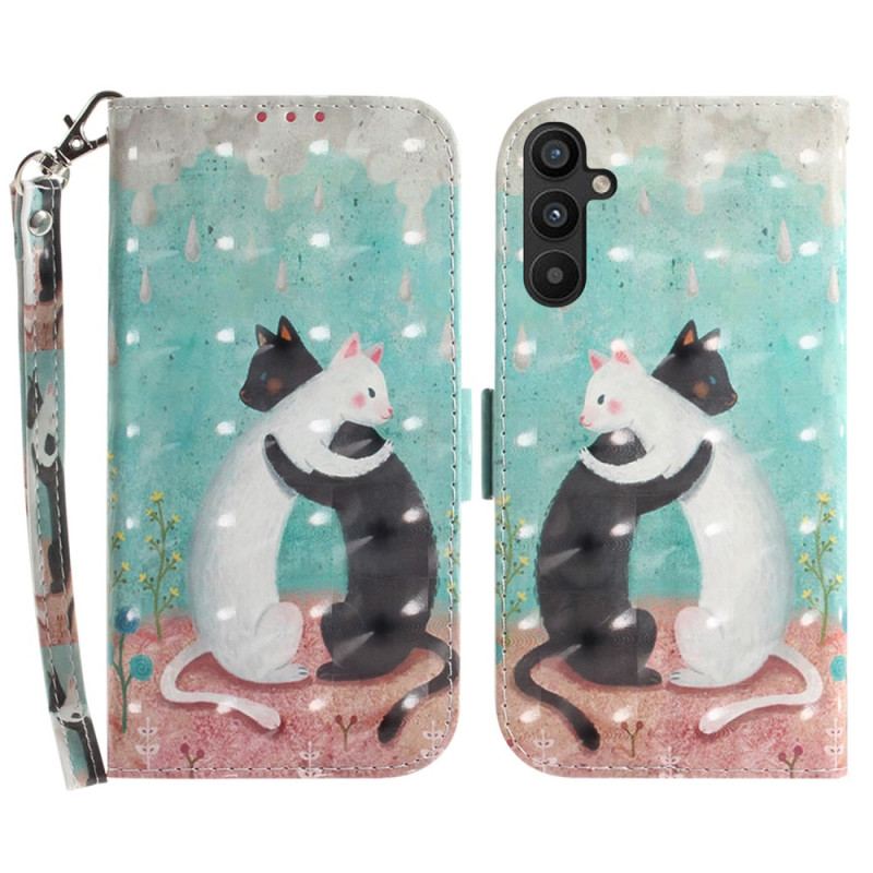 Capa Em Pele Para Samsung Galaxy A54 5G De Cordão Gato Gato Preto Gato Branco Com Alça