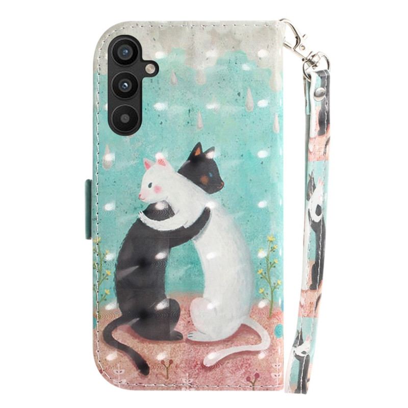 Capa Em Pele Para Samsung Galaxy A54 5G De Cordão Gato Gato Preto Gato Branco Com Alça