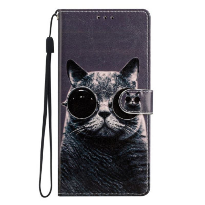 Capa Em Pele Para Samsung Galaxy A54 5G De Cordão Óculos De Tiras Para Gatos