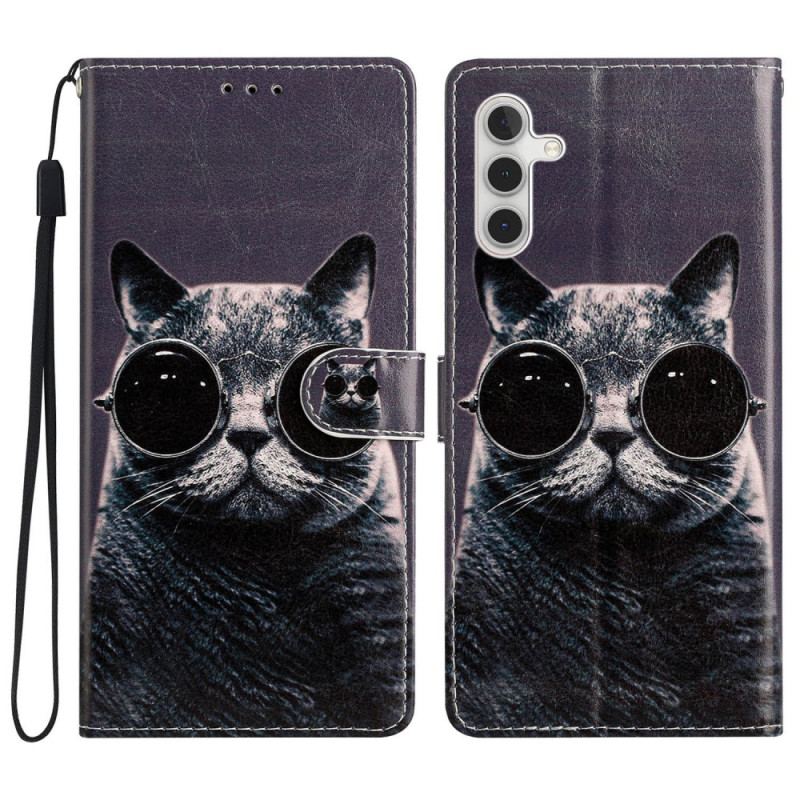 Capa Em Pele Para Samsung Galaxy A54 5G De Cordão Óculos De Tiras Para Gatos