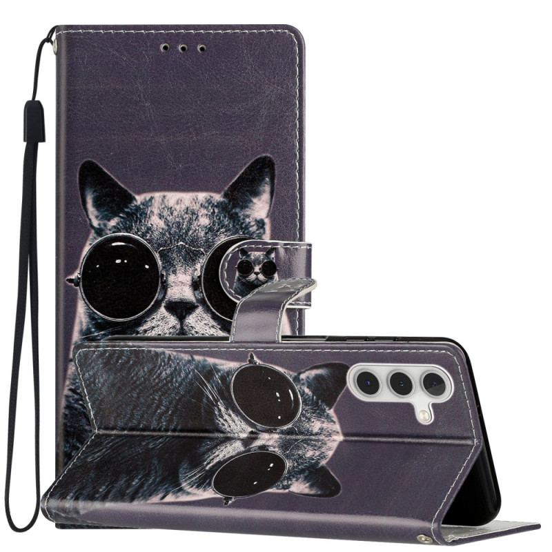 Capa Em Pele Para Samsung Galaxy A54 5G De Cordão Óculos De Tiras Para Gatos