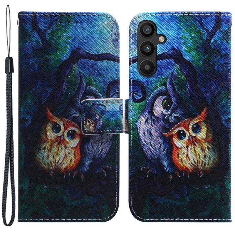 Capa Em Pele Para Samsung Galaxy A54 5G De Cordão Pintura De Corujas Strappy