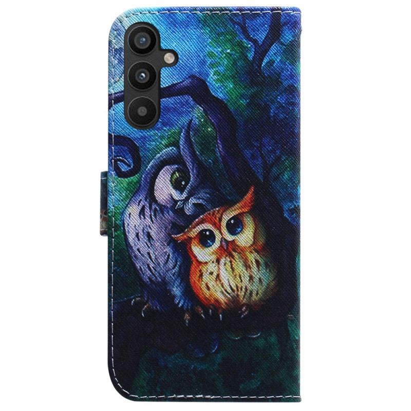 Capa Em Pele Para Samsung Galaxy A54 5G De Cordão Pintura De Corujas Strappy