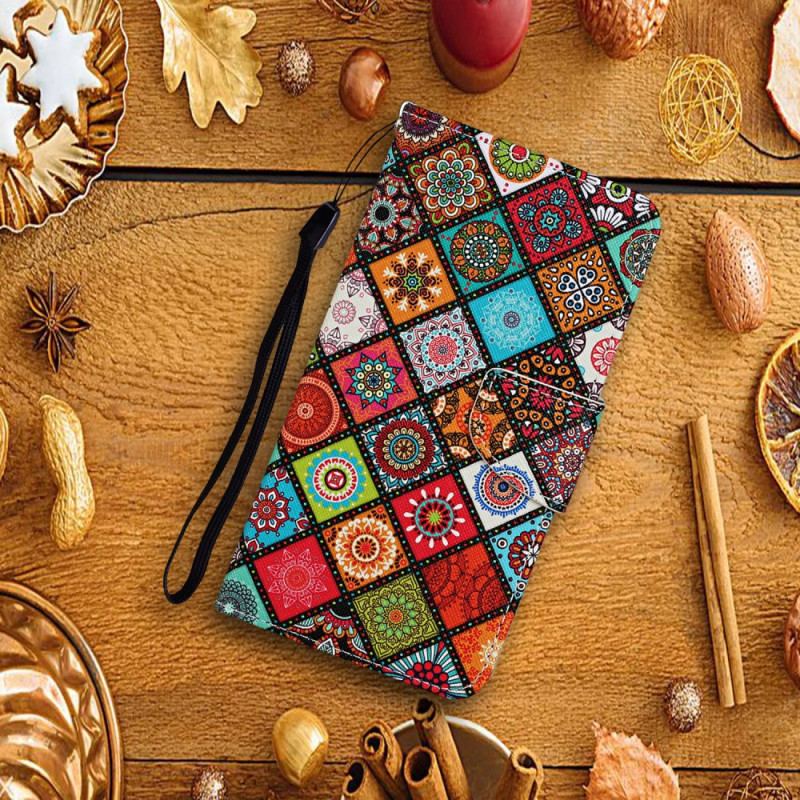 Capa Em Pele Para Samsung Galaxy A54 5G Patchwork Com Cordão