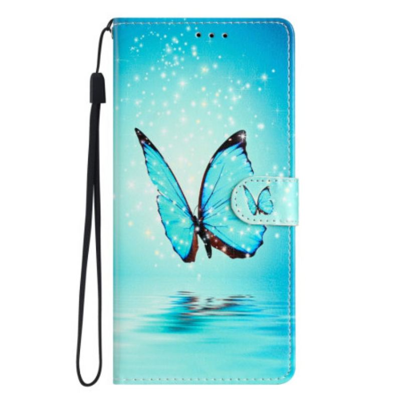 Capa Flip Para Samsung Galaxy A54 5G De Cordão Borboleta Azul Com Alça