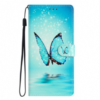 Capa Flip Para Samsung Galaxy A54 5G De Cordão Borboleta Azul Com Alça