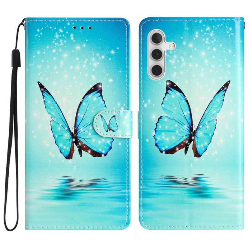 Capa Flip Para Samsung Galaxy A54 5G De Cordão Borboleta Azul Com Alça