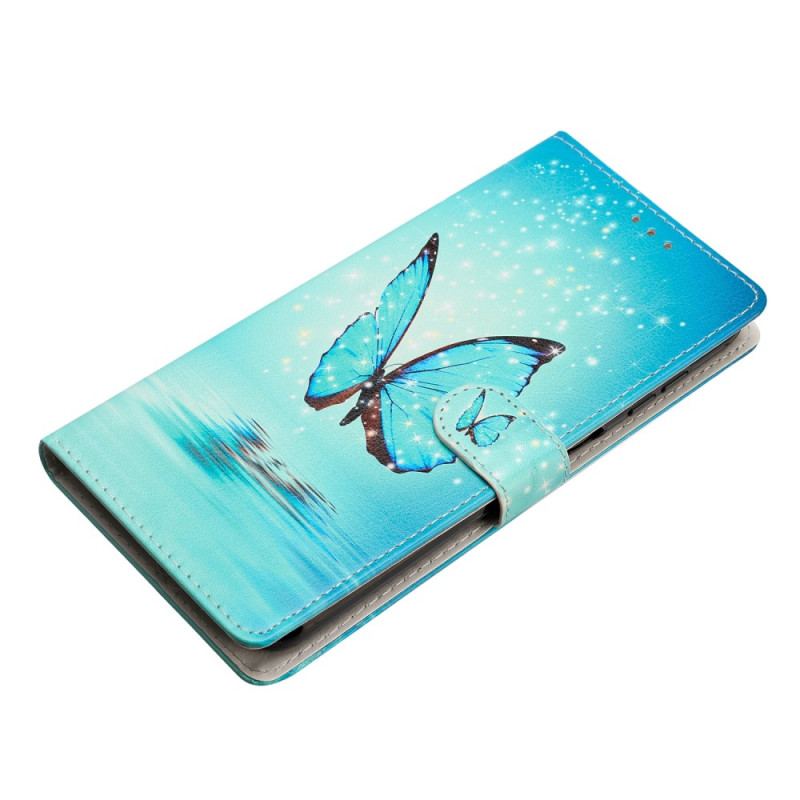 Capa Flip Para Samsung Galaxy A54 5G De Cordão Borboleta Azul Com Alça