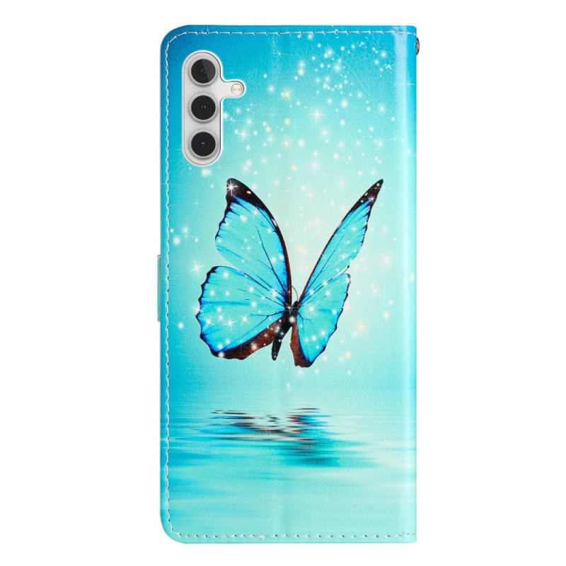 Capa Flip Para Samsung Galaxy A54 5G De Cordão Borboleta Azul Com Alça