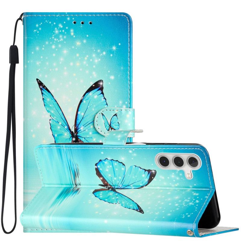 Capa Flip Para Samsung Galaxy A54 5G De Cordão Borboleta Azul Com Alça