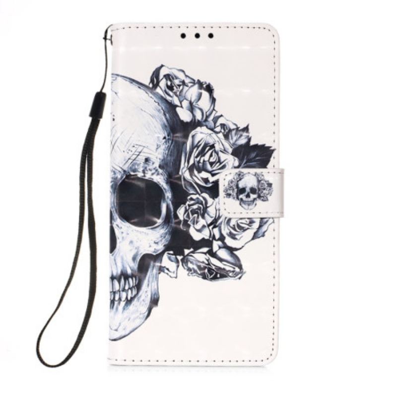 Capa Flip Para Samsung Galaxy A54 5G De Cordão Caveira Floral Com Alça