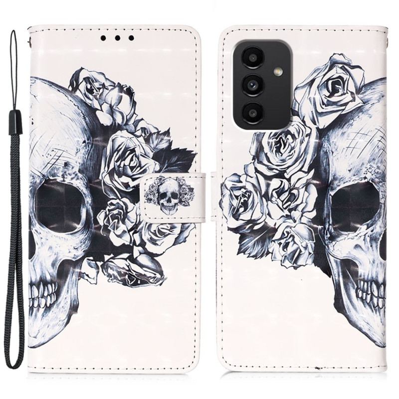 Capa Flip Para Samsung Galaxy A54 5G De Cordão Caveira Floral Com Alça