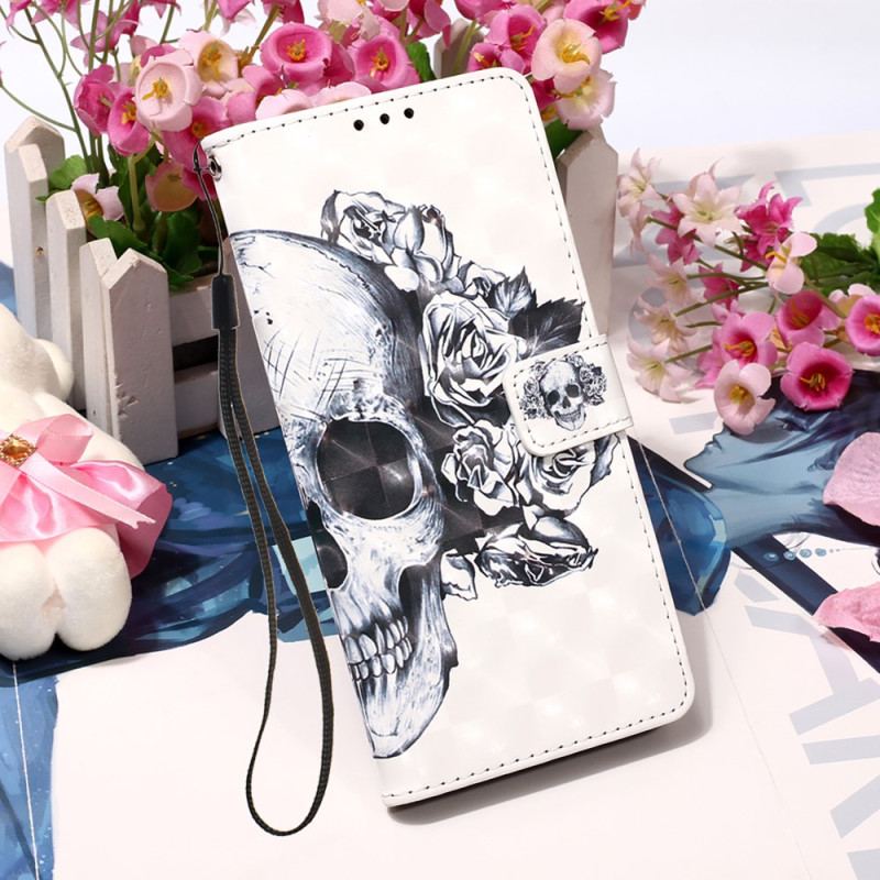 Capa Flip Para Samsung Galaxy A54 5G De Cordão Caveira Floral Com Alça