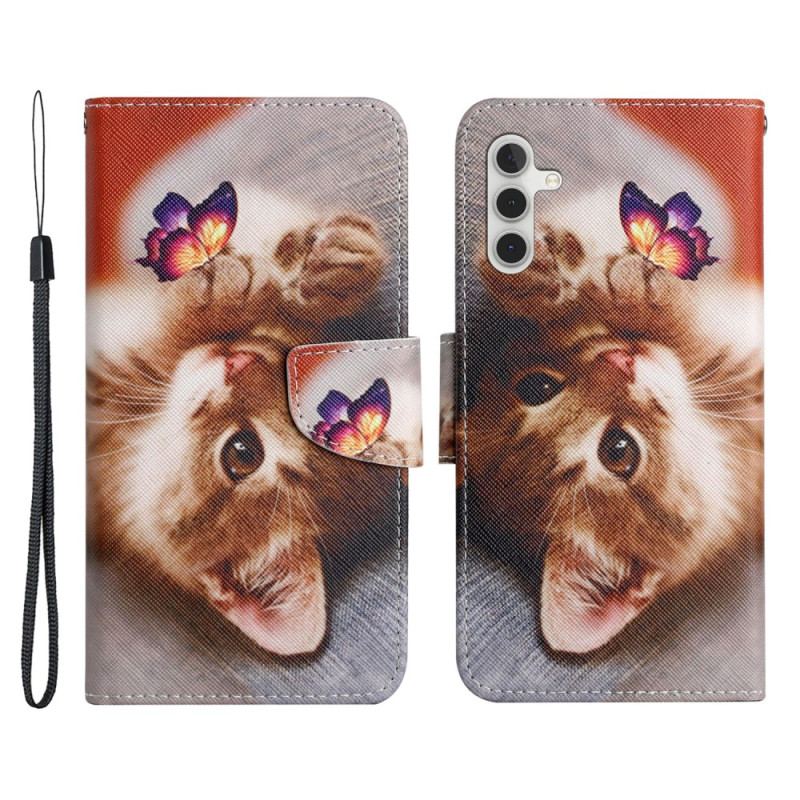 Capa Flip Para Samsung Galaxy A54 5G De Cordão Gato E Borboleta Com Cordão