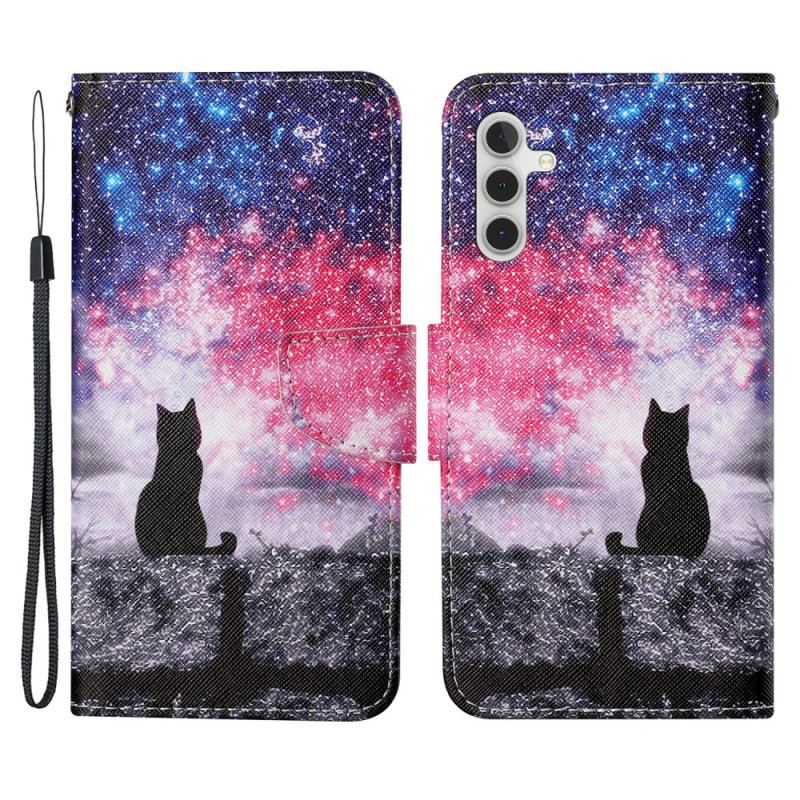 Capa Flip Para Samsung Galaxy A54 5G De Cordão Gato Fio Dental Estrelado