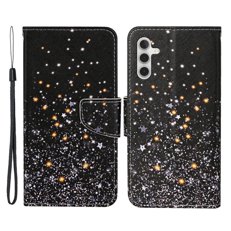 Capa Flip Para Samsung Galaxy A54 5G De Cordão Parte Inferior Preta E Tiras Brilhantes