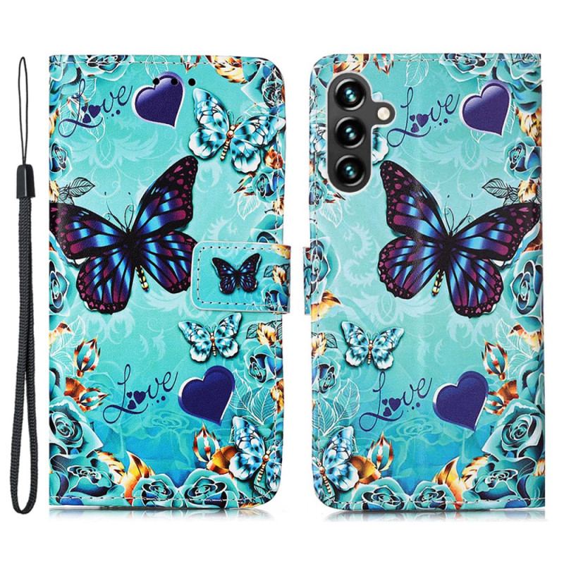 Capa Flip Para Samsung Galaxy A54 5G De Cordão Tanga Borboletas Coloridas