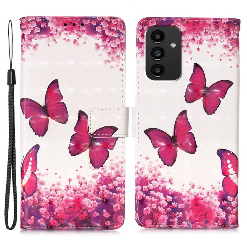 Capa Flip Para Samsung Galaxy A54 5G De Cordão Voo De Borboletas Em Cordão