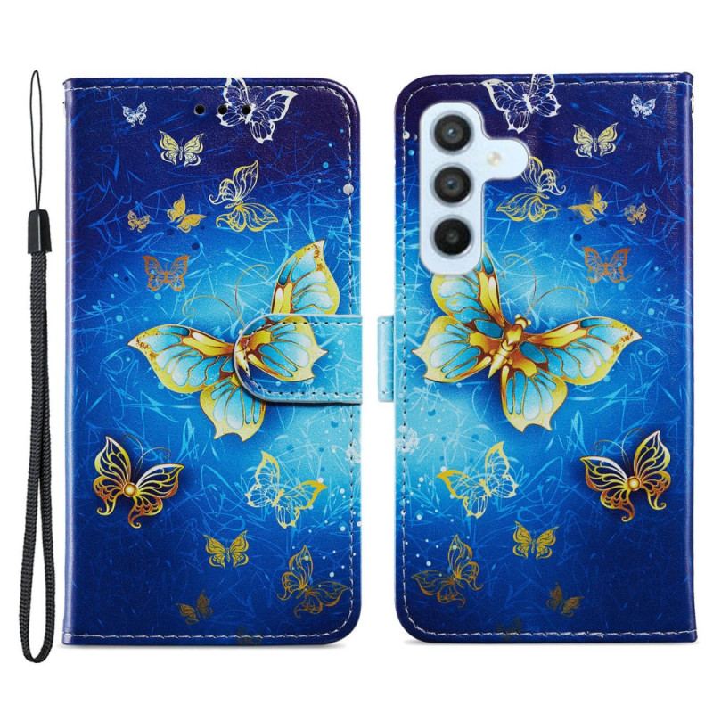 Capa Folio Para Samsung Galaxy A54 5G De Cordão Borboletas Douradas Com Alça