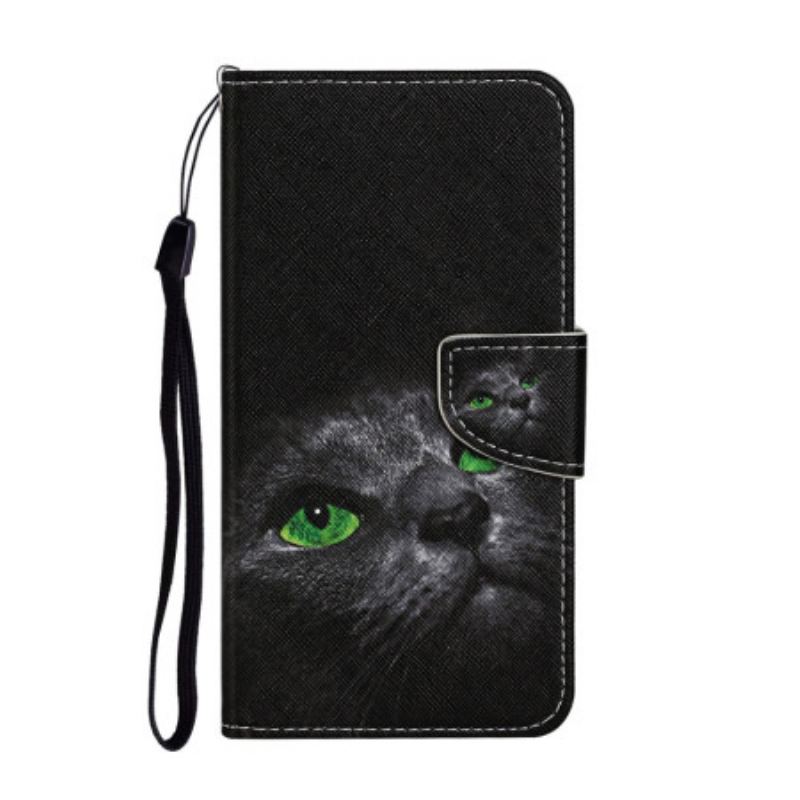 Capa Folio Para Samsung Galaxy A54 5G De Cordão Gato De Olhos Verdes Na Alça