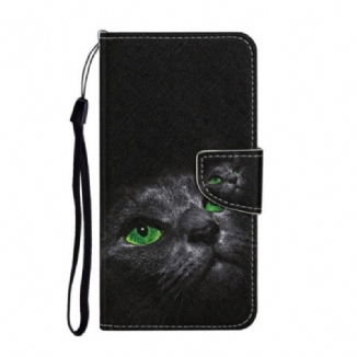 Capa Folio Para Samsung Galaxy A54 5G De Cordão Gato De Olhos Verdes Na Alça