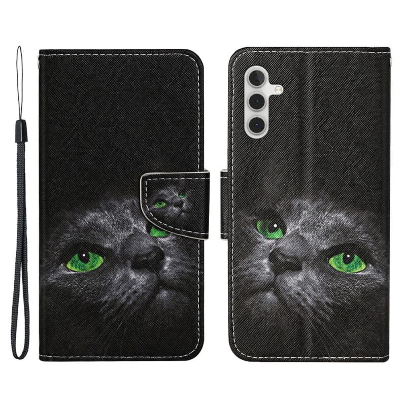 Capa Folio Para Samsung Galaxy A54 5G De Cordão Gato De Olhos Verdes Na Alça