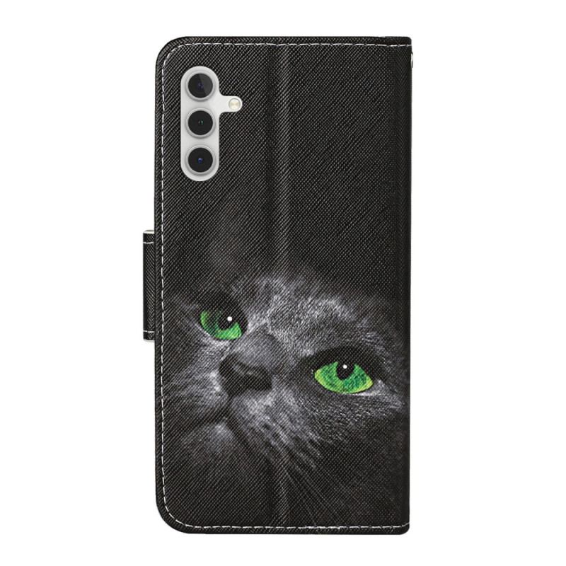 Capa Folio Para Samsung Galaxy A54 5G De Cordão Gato De Olhos Verdes Na Alça