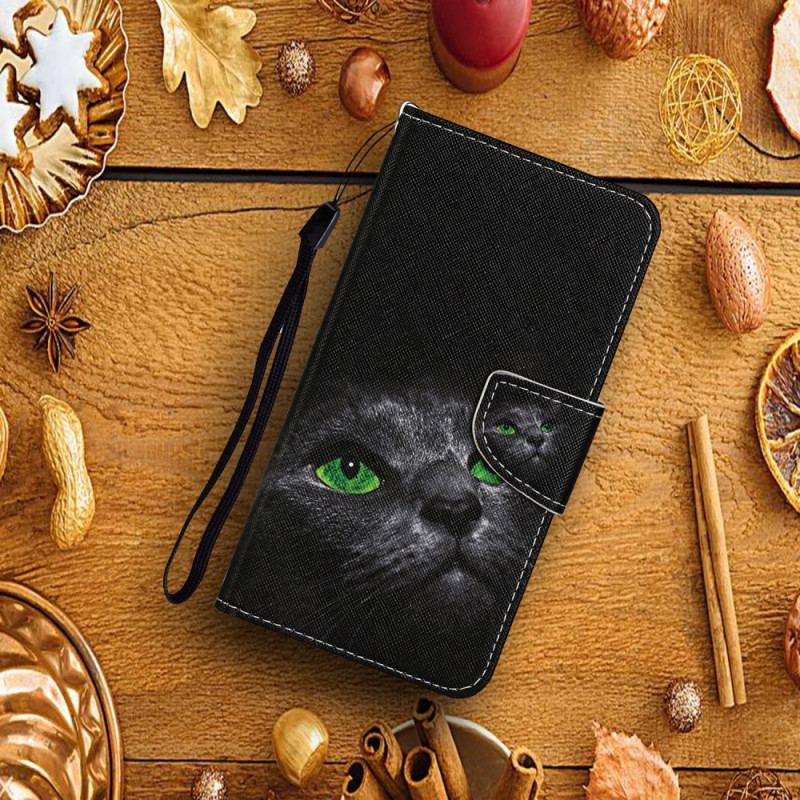 Capa Folio Para Samsung Galaxy A54 5G De Cordão Gato De Olhos Verdes Na Alça