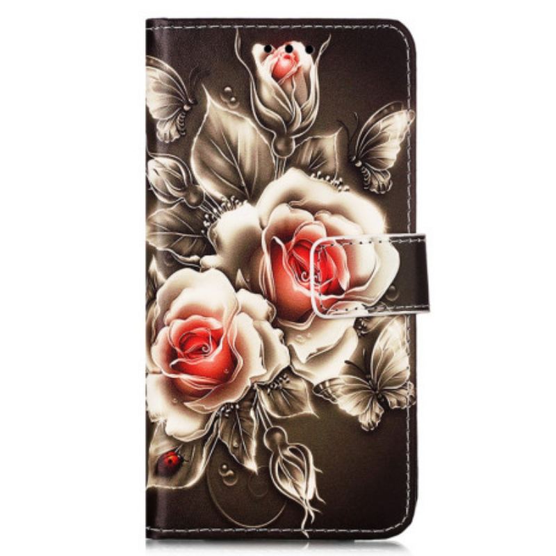 Capa Folio Para Samsung Galaxy A54 5G De Cordão Rosas De Alça