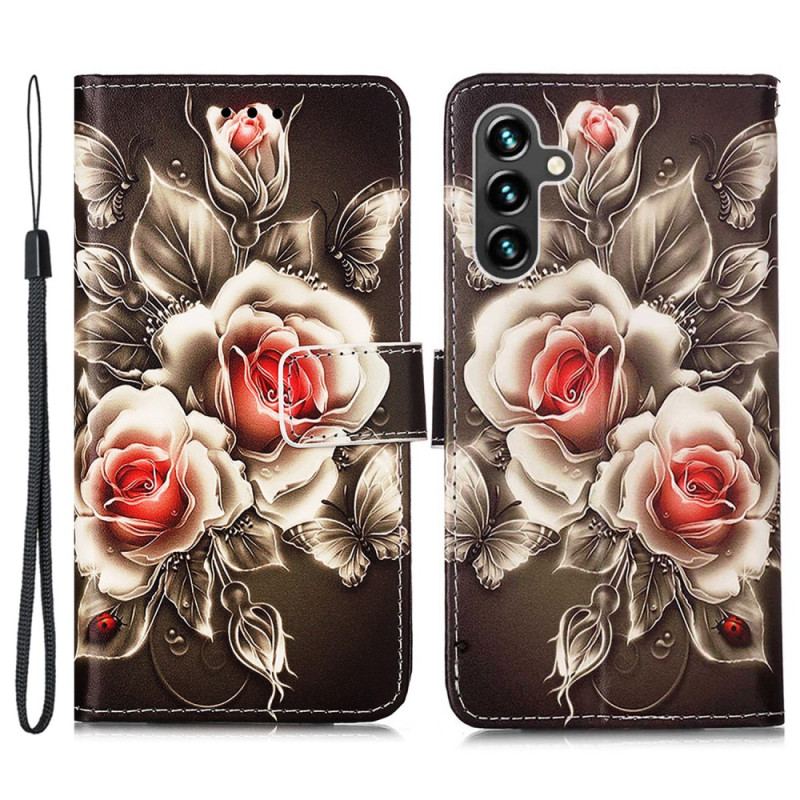 Capa Folio Para Samsung Galaxy A54 5G De Cordão Rosas De Alça