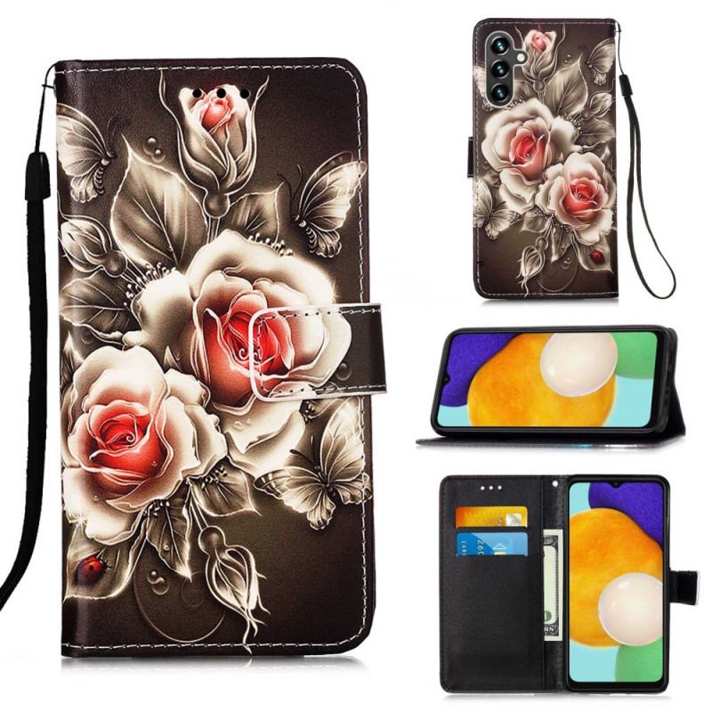 Capa Folio Para Samsung Galaxy A54 5G De Cordão Rosas De Alça