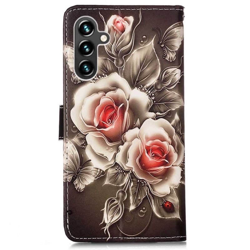 Capa Folio Para Samsung Galaxy A54 5G De Cordão Rosas De Alça