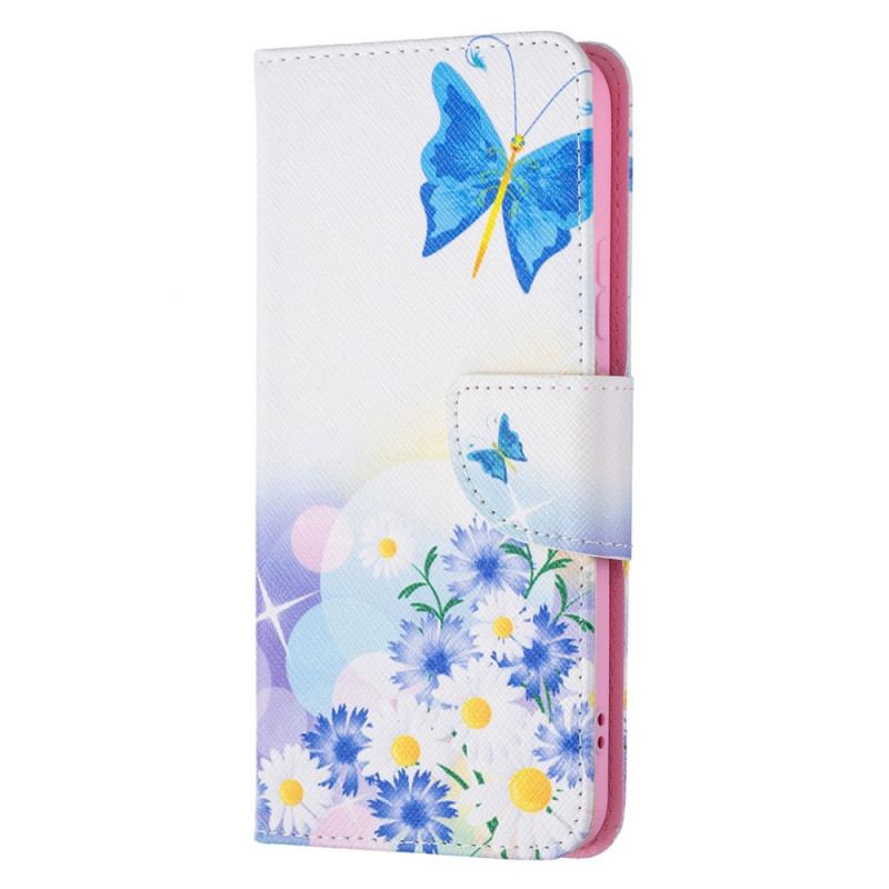 Capa De Couro Para Samsung Galaxy S22 Plus 5G Borboletas E Flores Pintadas