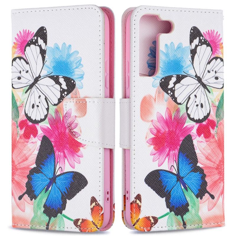 Capa De Couro Para Samsung Galaxy S22 Plus 5G Borboletas E Flores Pintadas