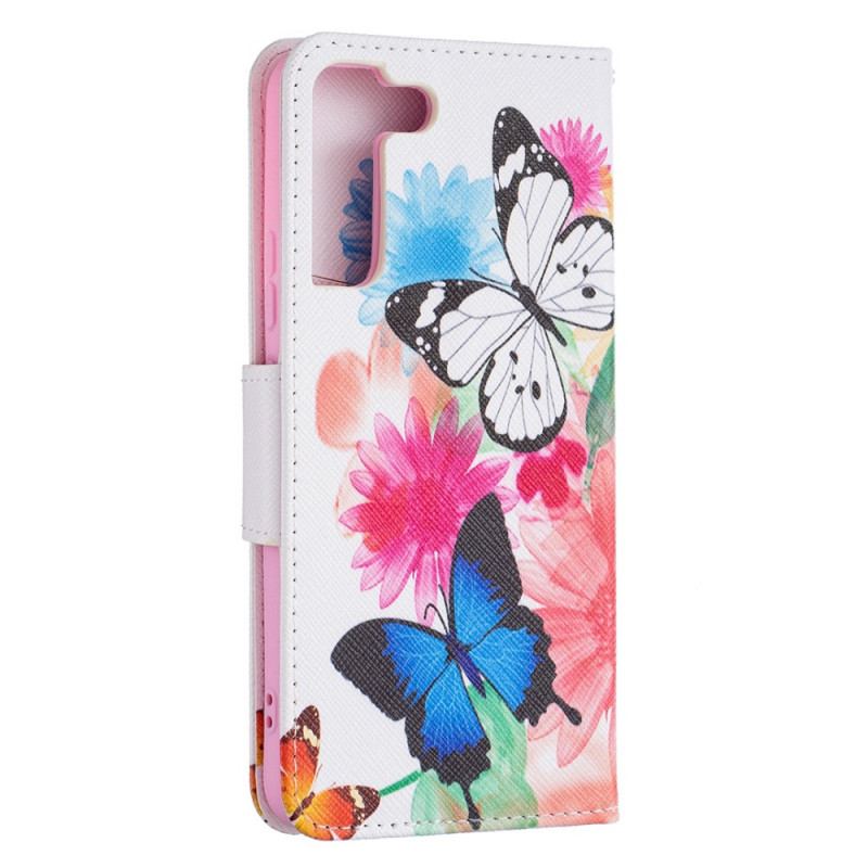 Capa De Couro Para Samsung Galaxy S22 Plus 5G Borboletas E Flores Pintadas