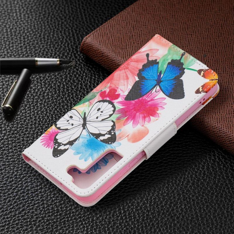 Capa De Couro Para Samsung Galaxy S22 Plus 5G Borboletas E Flores Pintadas