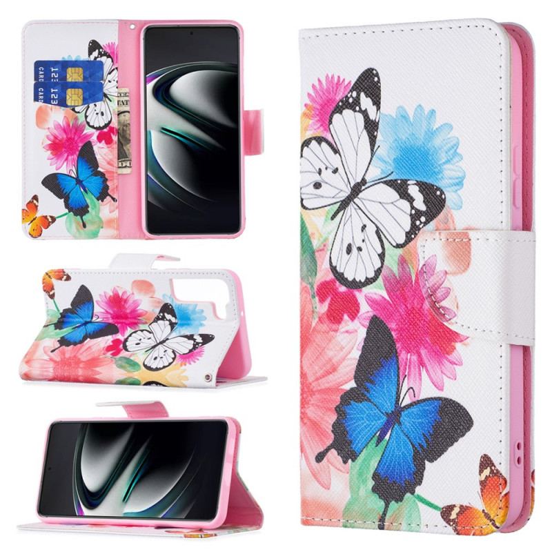 Capa De Couro Para Samsung Galaxy S22 Plus 5G Borboletas E Flores Pintadas